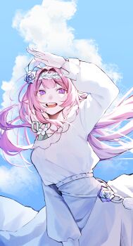 1girl absurdres alternate_costume blue_sky breasts cloud commentary_request cyrene_(honkai:_star_rail) cyrene_(ripples_of_past_reverie)_(honkai:_star_rail) flower hair_flower hair_ornament hairband highres honkai:_star_rail honkai_(series) korean_commentary large_breasts pink_hair pointy_ears purple_eyes shirt skirt sky solo sparrow4193941 white_hairband white_shirt white_skirt