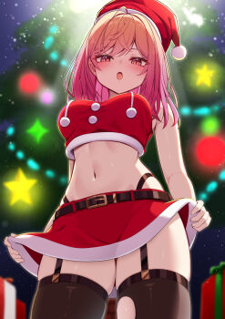 1girl absurdres akuame_(ring3922) belt black_belt black_thighhighs blurry blurry_background breasts crop_top fur-trimmed_skirt fur_trim garter_straps gradient_hair hat highleg highleg_panties highres hololive ichijou_ririka large_breasts long_hair looking_at_viewer multicolored_hair navel open_mouth orange_eyes orange_hair panties pink_hair santa_costume santa_hat skirt solo thighhighs underwear virtual_youtuber