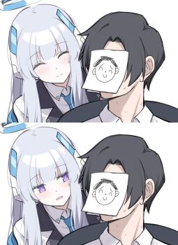 1boy 1girl black_hair blue_archive blue_necktie closed_eyes doodle_sensei_(blue_archive) halo highres jacket long_hair mechanical_halo necktie noa_(blue_archive) open_clothes open_jacket open_mouth purple_eyes reia_76 sensei_(blue_archive) sweat white_hair white_jacket