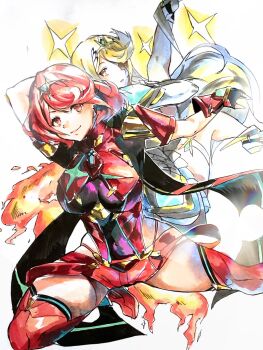 2girls 4me3ba_niku blonde_hair breasts chest_jewel commentary_request denim denim_shorts dress fire highres large_breasts long_hair microdress multiple_girls mythra_(xenoblade) parted_lips pyra_(xenoblade) red_eyes red_hair red_shorts short_hair short_shorts shorts smile sparkle tiara white_background white_dress xenoblade_chronicles_(series) xenoblade_chronicles_2 yellow_eyes