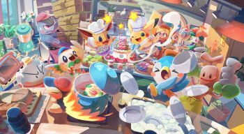 &gt;_&lt; 1girl :3 ;3 artist_request batter blender_(object) blonde_hair blue_eyes blush blush_stickers bowl bread bubble cake ceiling_light chalkboard character-themed_food chef_hat closed_eyes closed_mouth clothed_pokemon coffee_pot cooking cooking_pot crate cup cyndaquil eevee eevee_(chef&#039;s_whites) electricity electrode_(pokemon) eyelashes fire flower flying food gen_1_pokemon gen_2_pokemon gen_4_pokemon gen_5_pokemon gen_7_pokemon grin hand_on_own_hip hat highres holding holding_bowl holding_pastry_bag holding_plate icing indoors leah_(pokemon) legendary_pokemon lilligant long_hair machoke mew_(pokemon) mixing_bowl mythical_pokemon nintendo official_art one_eye_closed open_mouth pastry_bag pikachu pikachu_(chef&#039;s_whites) pink_hat piplup plant plate poke_ball poke_ball_(basic) pokemon pokemon_(creature) pokemon_cafe_remix ponytail potted_plant pouring red_eyes red_hat rowlet shelf shirt smile soap_bubbles soup sparkle sprinkles standing star_(symbol) sudowoodo sweatdrop teeth textless_version third-party_source toaster_oven upper_teeth_only v-shaped_eyes water whisk white_flower white_hat white_shirt window yellow_hat