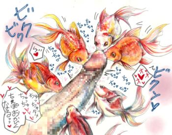 animal animal_focus animal_sexualization bestiality censored commentary_request erection fellatio fish gangbang glansjob goldfish group_sex heart kissing_penis mosaic_censoring oral original paid_reward_available penis simple_background sound_effects spoken_heart translation_request what white_background yukikingyo