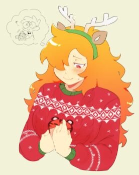1girl blonde_hair blush christmas_sweater commentary cropped_torso fake_antlers firemauer glasses hairband highres long_hair long_sleeves nerd_(nerd_and_jock) nerd_and_jock red_eyes red_sweater simple_background speech_bubble sweater symbol-only_commentary thought_bubble tiger_(nerd_and_jock)