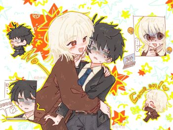 !? ...? 2boys :d akinashi_haru black_jacket black_pants black_suit blue_necktie blush bright_pupils brown_cardigan brown_pants cardigan chibi chibi_inset chushi_zhang_xiao_zhanglang collared_shirt computer cowboy_shot dress_shirt formal_clothes gloom_(expression) hand_on_another's_hip hand_on_another's_shoulder happy highres hug jacket laptop male_focus multiple_boys multiple_views necktie open_mouth pants pushing_away rejection running saihate_eki shirt smile star_(symbol) star_symbol_background suit tatsunami_shion unusually_dark_pupils vomiting_emoji white_pupils white_shirt yaoi