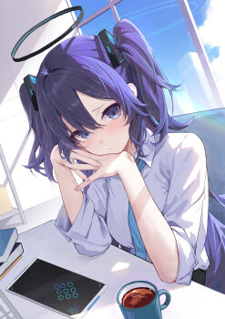 1girl absurdres blue_archive blue_eyes blue_hair blue_necktie blue_sky blush book book_stack breasts chinese_commentary commentary_request cup dutch_angle halo highres indoors long_hair looking_at_viewer mechanical_halo medium_breasts necktie own_hands_together shirt shixuexiao sitting sky solo tablet_pc two_side_up white_shirt yuuka_(blue_archive)