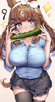 1girl absurdres almond_eye_(umamusume) animal_ears black_skirt black_thighhighs blue_eyes blue_hair blunt_bangs blush bow bow_hairband braid breasts brown_hair brown_tail collarbone colored_inner_hair commentary_request cowboy_shot cross-shaped_pupils cucumber hairband highres horse_ears horse_girl horse_tail large_breasts looking_at_viewer multicolored_hair side_braid simple_background skirt solo symbol-shaped_pupils tabunshake tail thighhighs thighs too_many_hair_ornaments umamusume white_background white_bow white_hair white_hairband