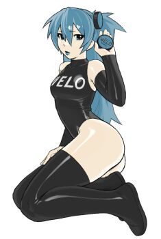 1girl ass bare_shoulders black_boots black_leotard blue_eyes blue_hair blue_lips boots breasts copyright_name detached_sleeves drugs full_body furrowed_brow hair_ornament hand_on_own_hip hand_up holding leotard lipstick long_hair looking_at_viewer makeup on_ground original pale_skin peppermint_(yirtios) personification print_leotard pursed_lips simple_background sitting solo thigh_boots velo_(nicotine_pouch) white_background yirtios