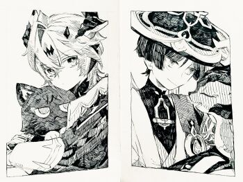 Rule 34 | 2boys, absurdres, animal, animalization, blunt ends, bodysuit, cape, cat, closed mouth, coat, crossed bangs, curtained hair, diamond-shaped pupils, diamond (shape), dragon, dragon boy, dragon horns, gem, genshin impact, greyscale, hair between eyes, hat, hatching (texture), highres, holding, holding animal, holding cat, horns, japanese clothes, jingasa, juban, kimono, linear hatching, long sleeves, looking at another, looking at viewer, mandarin collar, manmaruneko10, mini durin (dragon) (genshin impact), mini durin (genshin impact), mini durin (human) (genshin impact), monochrome, multiple boys, open clothes, open kimono, person and animalization, photo (medium), scaramouche (cat) (genshin impact), scaramouche (genshin impact), shoulder peek, small dragon, smile, symbol-shaped pupils, traditional media, tsurime, vision (genshin impact), wanderer (genshin impact)