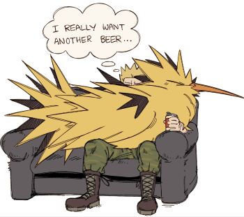 Rule 34 | 1boy, animal, animal focus, animal on lap, bird, blonde hair, boots, camouflage, camouflage shirt, can, closed eyes, commentary, couch, english text, from side, full body, gen 1 pokemon, hatching (texture), highres, holding, holding can, legendary pokemon, linear hatching, lying, military uniform, nintendo, on couch, on lap, on stomach, pants, pokemon, pokemon (creature), pokemon hgss, puffed up, shirt, shittysurges, short hair, simple background, sitting, sitting on lap, sitting on person, speech bubble, surge (pokemon), thought bubble, white background, zapdos