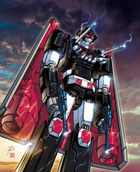 absurdres bismarck_(sei_juushi_bismarck) daniele_rudoni dual_wielding glint gun highres holding jet_engine mecha night no_humans outdoors pierucciniriccardo robot science_fiction sei_juushi_bismarck smoke smoking_barrel solo standing weapon