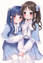 Rule 34 | 2girls, arm hug, blue capelet, blue skirt, blush, bow, capelet, commentary request, feet out of frame, frilled capelet, frills, fuguiiii, hair bow, hair ribbon, head rest, highres, idolmaster, idolmaster cinderella girls, invisible chair, long hair, looking at viewer, multiple girls, ribbon, sajo yukimi, shirt, sidelocks, sitting, skirt, tachibana arisu, thighhighs, twintails, white shirt, white thighhighs