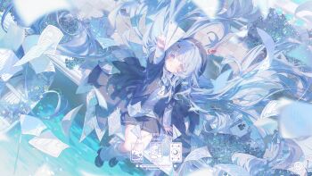 1girl :o ahoge arm_up beret black_hat black_jacket black_shoes black_shorts blue_eyes blue_flower blue_hair blurry blurry_foreground blush boat commentary commission day depth_of_field flower from_above hair_intakes hair_ornament hairclip hat highres holding jacket long_hair loose_socks original outdoors paper_airplane parted_lips ribbed_socks shirt shoes shorts sitting socks solo symbol-only_commentary umehara_sei very_long_hair water watercraft white_shirt white_socks