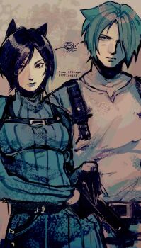 1boy 1girl ada_wong animal_ears black_gloves black_hair breasts cat_ears chest_harness cow dagger dress fflyaga1 gloves gun hair_between_eyes hair_over_one_eye handgun harness highres holding holding_gun holding_weapon knife leon_s._kennedy medium_breasts resident_evil resident_evil_4 resident_evil_4_(remake) shirt short_hair sketch squiggle sweater sweater_dress turtleneck turtleneck_dress turtleneck_sweater twitter_username weapon white_shirt