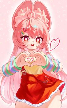 absurdres ahoge alternate_costume animal_ear_fluff animal_ears arm_warmers bright_pupils commentary cowboy_shot furry furry_female hair_ornament hairclip heart heart_hair_ornament heart_hands highres long_hair looking_at_viewer multicolored_arm_warmers open_mouth overalls pink_background pink_fur pink_hair rabbit_ears rabbit_girl rabbit_tail red_eyes red_overalls shirt short_eyebrows strap_slip striped_arm_warmers symbol-only_commentary tail teeth thick_eyebrows upper_teeth_only white_pupils yamisroot yellow_shirt zenless_zone_zero zhao_(zenless_zone_zero)