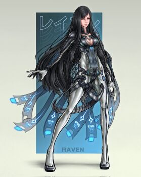 1girl alyan_ansari black_hair blue_eyes bodysuit breasts character_name cleavage cleavage_cutout clothing_cutout grey_bodysuit highres long_hair multicolored_bodysuit raven_(stellar_blade) raven_suit_(stellar_blade) square stellar_blade two-tone_bodysuit