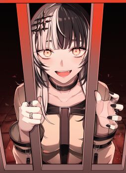 1girl absurdres alternate_costume belt belt_collar black_belt black_hair black_nails blunt_bangs breasts collar commentary english_commentary fang fingernails grey_hair hair_ornament highres hololive hololive_english jewelry large_breasts long_hair looking_at_viewer multicolored_hair multiple_rings nail_polish nurufufufu open_mouth prison_cell ring shiori_novella smile solo split-color_hair straitjacket two-tone_hair upper_body virtual_youtuber yellow_eyes