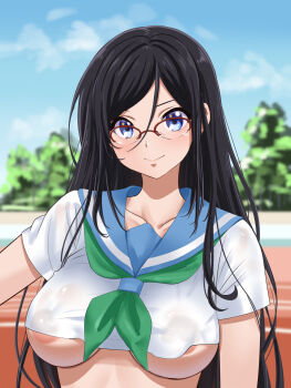 1girl absurdres areola_slip black_hair blue_eyes blurry blurry_background blush breasts cloud collarbone cropped_shirt day fuooooo glasses green_neckerchief hair_between_eyes hibike!_euphonium highres kitauji_high_school_uniform large_breasts long_hair looking_at_viewer neckerchief outdoors over-rim_eyewear red-framed_eyewear running_track school_uniform semi-rimless_eyewear shirt short_sleeves sky smile solo summer_uniform tanaka_asuka tree very_long_hair white_shirt
