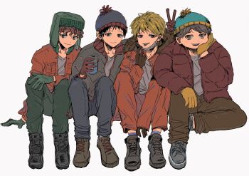 Rule 34 | 4boys, animification, black boots, black hair, blonde hair, blue eyes, blue hat, blue pants, boots, breast pocket, brown boots, brown eyes, brown gloves, brown pants, buttons, can, closed mouth, drink can, eric cartman, full body, fur-trimmed hood, fur trim, gloves, green eyes, green gloves, green hat, green pants, grey hair, grey jacket, grey shirt, hair between eyes, hand on own face, hand on own knee, hand up, hat, highres, holding, holding can, hood, hooded jacket, jacket, kenny mccormick, kyle broflovski, li 626, long sleeves, looking at viewer, male focus, mask, mouth mask, multiple boys, open clothes, open jacket, open mouth, orange jacket, orange pants, pants, pocket, pom pom (clothes), purple eyes, red gloves, red hair, red jacket, shirt, short hair, simple background, sitting, smile, soda can, south park, stan marsh, t-shirt, teeth, tongue, tongue out, v, wavy hair, white background, yellow pants