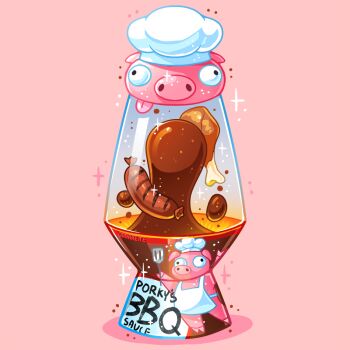 apron artist_name charongess chef_hat chicken_(food) chicken_leg commentary english_commentary food food_art hat holding holding_spatula lava_lamp no_humans original pig pink_background sauce sausage simple_background sparkle spatula tongue tongue_out toque_blanche wall-eyed