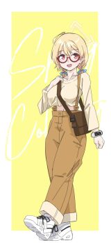 1girl :d bag between_breasts blonde_hair blue_archive blue_bow border bow braid breasts brown_pants brown_shirt commentary_request crop_top crop_top_overhang glasses hair_between_eyes hair_bow halo hand_up highres kotori_(blue_archive) large_breasts low_twintails navel open_mouth pants red-framed_eyewear red_eyes semi-rimless_eyewear shirt shoes shoulder_bag smile solo strap_between_breasts teeth text_background twin_braids twintails under-rim_eyewear upper_teeth_only vividnatadecoco walking white_border white_shoes yellow_background