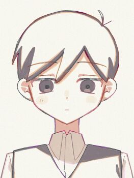 1boy antenna_hair black_eyes black_hair black_sweater_vest closed_mouth collared_shirt commentary_request double-parted_bangs expressionless hair_between_eyes highres looking_at_viewer male_focus omori shirt short_hair simple_background solo sunny_(omori) sweater_vest upper_body white_background white_shirt yksm_oe