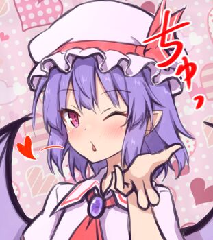 1girl ascot bat_wings blowing_kiss blue_hair hat hat_ribbon mob_cap one_eye_closed pink_hat red_ascot red_eyes remilia_scarlet ribbon short_hair solo teoi_(good_chaos) touhou wings