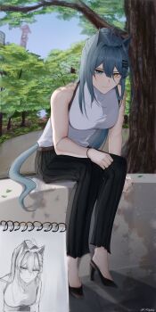 Rule 34 | 1girl, 4reiji, absurdres, animal ears, bare shoulders, birthmark, black pants, black shoes, blue eyes, blue hair, bracelet, breasts, cat ears, closed mouth, commentary, english commentary, hair between eyes, hair ornament, heterochromia, high heels, highres, jewelry, large breasts, long hair, looking at viewer, original, outdoors, pants, park, ponytail, shirt, shoes, sidelocks, sitting, sketchbook, sleeveless, sleeveless shirt, solo, twitter username, very long hair, white shirt, x hair ornament, yellow eyes, yuma nobunaga