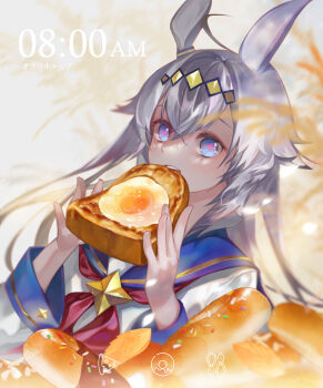 1girl ahoge animal_ears blue_eyes blue_sailor_collar bread bread_slice brooch commentary_request donut ear_ornament eating egg food fried_egg fried_egg_on_toast glutton grey_hair hair_between_eyes hair_ornament hairband highres holding holding_food horse_ears horse_girl jacket jewelry kami5427 long_hair long_sleeves multicolored_hair neckerchief oguri_cap_(starlight_beat)_(umamusume) oguri_cap_(umamusume) open_mouth red_neckerchief sailor_collar shirt solo star_brooch teeth toast umamusume white_jacket white_shirt