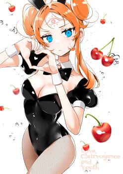 Rule 34 | 1girl, absurdres, animal ears, black bow, black bowtie, black leotard, blue eyes, bow, bowtie, breasts, cherry, chihaya senri, cleavage, closed mouth, collar, collarbone, commentary request, fishnet pantyhose, fishnets, food, fruit, heart, heart hands, highres, koi to senrigan to aonisai, leotard, long hair, orange hair, ouchi kaeru, pantyhose, rabbit ears, solo, white collar, white wrist cuffs, wrist cuffs