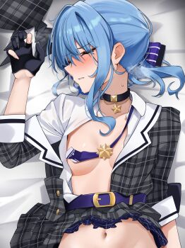 1girl absurdres bed_sheet belt beret black_choker black_gloves blue_belt blue_ribbon blush breasts breath choker closed_eyes collared_shirt commentary frilled_skirt frills gloves grey_hat grey_jacket grey_skirt hair_ribbon hat highres hololive hoshimachi_suisei hoshimachi_suisei_(1st_costume) jacket lying medium_hair micon miniskirt navel no_bra on_back open_clothes open_shirt out-of-frame_censoring parted_lips partially_fingerless_gloves pendant_choker plaid_clothes plaid_hat plaid_jacket plaid_skirt pleated_skirt ribbon shirt side_ponytail sidelocks skirt skirt_set sleeve_cuffs small_breasts solo star_pendant symbol-only_commentary three-quarter_sleeves unworn_hat unworn_headwear virtual_youtuber white_shirt