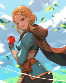 1girl apple black_gloves black_pants blonde_hair blue_shirt blue_sky braid brown_cape cape cloud cloudy_sky commentary_request cowboy_shot crown_braid falling_leaves fingerless_gloves food fruit gloves gold_trim green_eyes highres holding holding_food holding_fruit hood hood_down hooded_cape jiro_(ninetysix) leaf looking_at_viewer nintendo open_mouth pants pointy_ears princess_zelda shirt short_hair sidelocks sky smile solo the_legend_of_zelda the_legend_of_zelda:_tears_of_the_kingdom