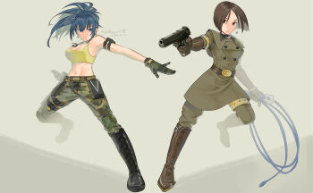 2girls arm_pouch blue_eyes blue_hair boots breasts brown_eyes brown_hair cargo_pants choker combat_boots crop_top desert_eagle dog_tags earrings gloves gun handgun highres holding holding_whip jewelry leona_heidern military military_uniform multiple_girls muscular muscular_female pants ponytail sakura_mafumi short_hair soldier tank_top the_king_of_fighters triangle_earrings trigger_discipline weapon whip whip_(kof) yellow_tank_top