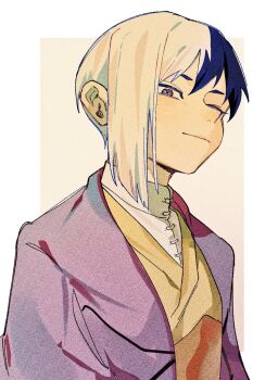 0a_9_(pixiv82791714) 1boy asagiri_gen asymmetrical_hair blue_hair closed_mouth dr._stone jacket looking_at_viewer male_focus multicolored_hair one_eye_closed purple_jacket shirt short_hair simple_background single_sidelock smile solo split-color_hair two-tone_hair upper_body white_hair white_shirt