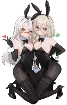 2girls :o absurdres aia_amare animal_ears armpit_crease asymmetrical_docking black_gloves black_leotard blonde_hair blush braid breast_press breasts character_request cleavage commentary commission covered_navel elbow_gloves english_commentary fake_animal_ears fishnet_pantyhose fishnets full_body glasses gloves green_eyes hair_between_eyes heart high_heels highres leotard long_hair looking_at_viewer medium_breasts multiple_girls nijisanji nijisanji_en orange_eyes pantyhose playboy_bunny rabbit_ears second-party_source semi-rimless_eyewear shusuchii simple_background single_braid virtual_youtuber white_background white_hair