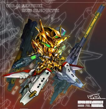 Rule 34 | akatsuki gundam, artist name, beam cannon, beam rifle, cannon, character name, chibi, commentary request, dual wielding, energy gun, eye trail, glowing, glowing eyes, gun, gundam, gundam seed, gundam seed freedom, highres, holding, holding gun, holding weapon, huge weapon, light trail, logo, no humans, signature, tuyu, v-fin, weapon, weapon on back, zeus silhouette