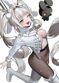 1girl absurdres black_rabbit_(animal) blanc_(fortune_express)_(nikke) blanc_(nikke) boots breasts coat commentary covered_navel english_commentary goddess_of_victory:_nikke harafrontline high-waist_pantyhose highres looking_at_viewer medium_breasts no_bra official_alternate_costume official_alternate_hairstyle one_eye_closed open_mouth pantyhose pole see-through_pantyhose smile solo thighs twintails white_background white_boots white_hair winter_clothes winter_coat yellow_eyes