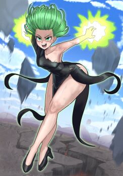 1girl bare_legs breasts dress female_focus full_body green_eyes green_hair highres looking_at_viewer matching_hair/eyes one-punch_man short_hair small_breasts solo tallinax tatsumaki torn_clothes wide_hips