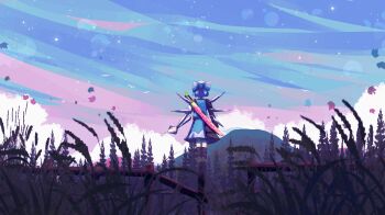 Rule 34 | 1girl, advent cirno, asymmetrical clothes, blue hair, boots, bow, caffichai, cirno, dress, female focus, from behind, gauntlets, hair bow, highres, ice, ice wings, mountain, short hair, single gauntlet, sky, solo, sword, touhou, weapon, wings