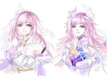 2girls aqua_hair bare_shoulders breasts chinese_commentary commentary_request company_connection cyrene_(demiurge)_(honkai:_star_rail) cyrene_(honkai:_star_rail) diamond-shaped_pupils diamond_(shape) dress elysia_(herrscher_of_human:_ego)_(honkai_impact) elysia_(honkai_impact) flower hair_flower hair_ornament heartlessx highres honkai:_star_rail honkai_(series) honkai_impact_3rd in-franchise_crossover inoue_marina large_breasts long_hair looking_at_viewer multicolored_hair multiple_girls pink_hair purple_eyes simple_background smile symbol-shaped_pupils triquetra two-tone_hair upper_body very_long_hair voice_actor_connection white_background white_dress white_hair yanning