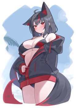 1girl absurdres animal_ears bikini black_bikini black_hair black_jacket breasts closed_mouth deaver fox_ears fox_girl fox_tail highres hololive jacket kurokami_fubuki large_breasts long_sleeves looking_at_viewer multicolored_hair red_eyes red_hair solo streaked_hair swimsuit tail virtual_youtuber