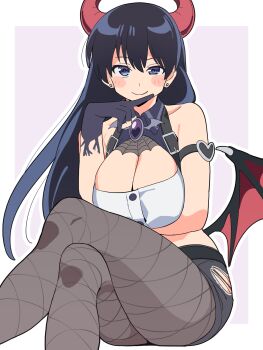 1girl alternate_costume arato_nagi arm_under_breasts bare_arms bare_shoulders black_eyes black_gloves black_hair blush_stickers breasts brooch cleavage commentary crossed_legs demon_costume demon_wings earrings gloves hair_between_eyes hand_on_own_chin highres horns jewelry large_breasts long_hair looking_at_viewer noyama_takenoko outline pantyhose partially_fingerless_gloves ruri_no_houseki short_shorts shorts simple_background sitting smile solo stud_earrings torn_clothes torn_shorts very_long_hair white_outline wings