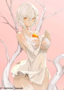 1girl bamuth breasts choker cleavage code_vein dress io_(code_vein) large_breasts looking_at_viewer object_between_breasts orange_eyes short_hair thick_thighs thighs torn_clothes tree white_dress white_hair wide_hips