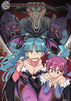 2girls 3others animal_print bare_shoulders bat_print bat_wings black_leotard breasts bridal_gauntlets character_request cleavage clothing_cutout collarbone commentary confused cropped_torso crossover dark_souls_(series) darkstalkers demon_girl extra_eyes fur-trimmed_leotard fur_trim green_eyes green_hair head_wings health_bar heart heart-shaped_eyes heart_cutout highleg highleg_leotard highres horns large_breasts leotard lilith_(darkstalkers) long_hair morrigan_aensland multiple_girls multiple_others off-shoulder_leotard open_mouth oushiza_towel pantyhose print_pantyhose purple_hair purple_pantyhose purple_wings red_eyes red_leotard short_hair sweat user_interface wide-eyed wings wolf