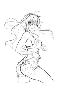 1girl ;p absurdres anander0 bikini bikini_bottom_pull bikini_bottom_under_shorts bikini_under_clothes breasts commission commissioner_upload earrings fingerless_gloves fire_emblem fire_emblem:_genealogy_of_the_holy_war front-tie_bikini_top front-tie_top gloves headband highres if_they_mated jewelry nintendo one_eye_closed original selia_(mrtalkingdino) short_hair short_shorts shorts sideboob sidelocks sketch solo standing swimsuit tomboy tongue tongue_out