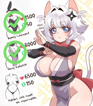 1girl :&lt; absurdres animal_ear_fluff animal_ears armpit_crease bare_hips bare_shoulders blue_eyes blush bow breasts cat_ears cat_girl cat_tail checkmark cleavage commentary cowboy_shot detached_sleeves english_commentary english_text erigo fighting_stance hair_intakes hands_up heart heart_in_eye highres huge_breasts kimi_no_koto_ga_dai_dai_dai_dai_daisuki_na_100-nin_no_kanojo like_and_retweet long_sleeves looking_at_viewer nekonari_tama ninja obi pelvic_curtain red_bow sash short_hair shuriken_hair_ornament simple_background solo sparkle symbol_in_eye tail thighs waist_bow white_hair