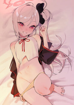 1girl absurdres barefoot bed_sheet beijuu black_flower black_jacket blue_archive blush breasts collarbone feet fingernails flower hair_flower hair_ornament halo highres huge_filesize jacket knee_up loli long_hair long_sleeves looking_at_viewer lying mutsuki_(blue_archive) navel on_back panties panties_around_thighs panty_pull petite red_eyes red_halo red_ribbon ribbon shirt side_ponytail sleeveless sleeveless_shirt small_breasts smile solo underwear white_hair yellow_panties