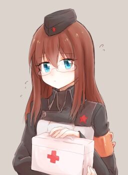 00s 1girl blue_eyes brown_hair chiren female_focus first_aid_kit garrison_cap glasses hat kinon_bachika long_hair solo tengen_toppa_gurren_lagann uniform