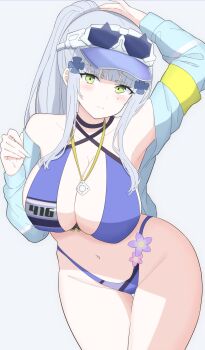 1girl absurdres alternate_costume bikini blue_jacket blush breasts collarbone commentary_request cowboy_shot facial_mark girls'_frontline girls'_frontline_2:_exilium grey_background grey_hair hand_on_own_head highres hk416_(girls'_frontline) jacket klukai_(girls'_frontline_2) large_breasts leaning_forward long_hair looking_at_viewer navel off_shoulder ponytail purple_bikini sidelocks simple_background solo swimsuit teardrop_facial_mark thigh_gap uchikata_takeaki visor_cap