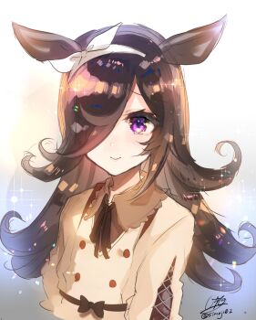 Rule 34 | 1girl, animal ears, blush, bow hairband, brown dress, brown hair, brown ribbon, casual, closed mouth, collared dress, commentary request, cropped torso, dress, flipped hair, hair over one eye, hairband, highres, horse ears, horse girl, long hair, long sleeves, looking at viewer, purple eyes, ribbon, rice shower (casual) (umamusume), rice shower (umamusume), shimaji, smile, solo, umamusume, white hairband