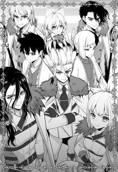 2girls 6+boys absurdres ahoge asagiri_gen bow brothers cape chrome_(dr._stone) crossed_arms dr._stone fur_trim greyscale hair_between_eyes highres ishigami_senkuu kohaku_(dr._stone) long_hair looking_at_viewer monochrome multicolored_hair multiple_boys multiple_girls nanami_ryuusui nanami_sai necktie ponytail shishiou_tsukasa short_hair siblings smile spiked_hair suika_(dr.stone) tamara_niji two-tone_hair